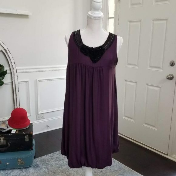 Essentials by ABS Aubergine Dress Ruffle and Bead Detail on Neckline - Picture 1 of 7